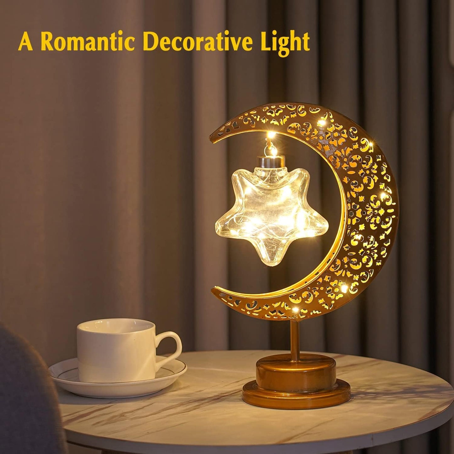 Ramadan Decorations Moon Table Lamp, Ramadan Decoration for Home Moon LED Desk Lamp, Ramadan Lights for Bedroom, Crescent Moon Night Lamp, Battery Operated Table Lamp for Home Decor (Star-B)