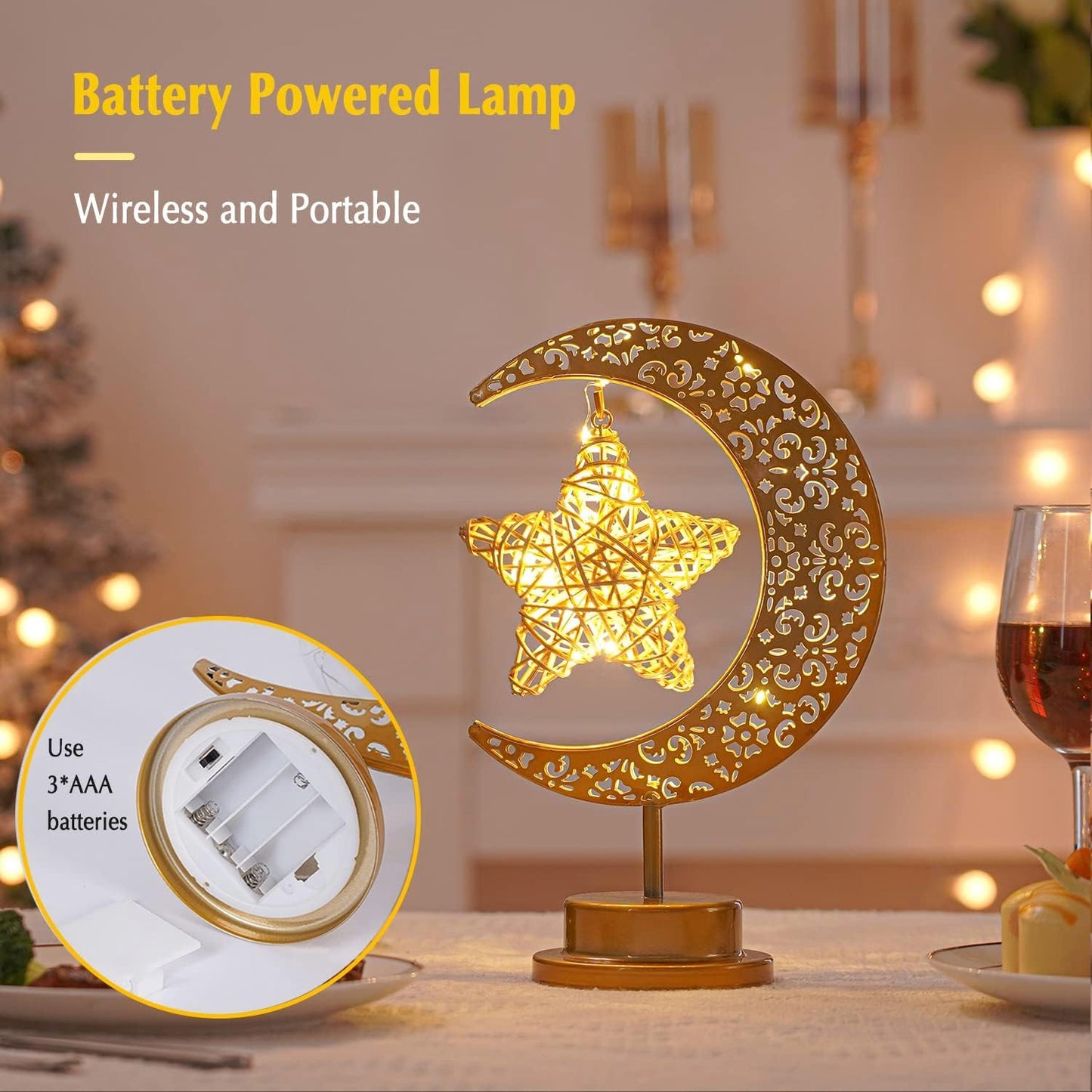 Ramadan Decorations Moon Table Lamp, Ramadan Decoration for Home Moon LED Desk Lamp, Ramadan Lights for Bedroom, Crescent Moon Night Lamp, Battery Operated Table Lamp for Home Decor (Star-A)