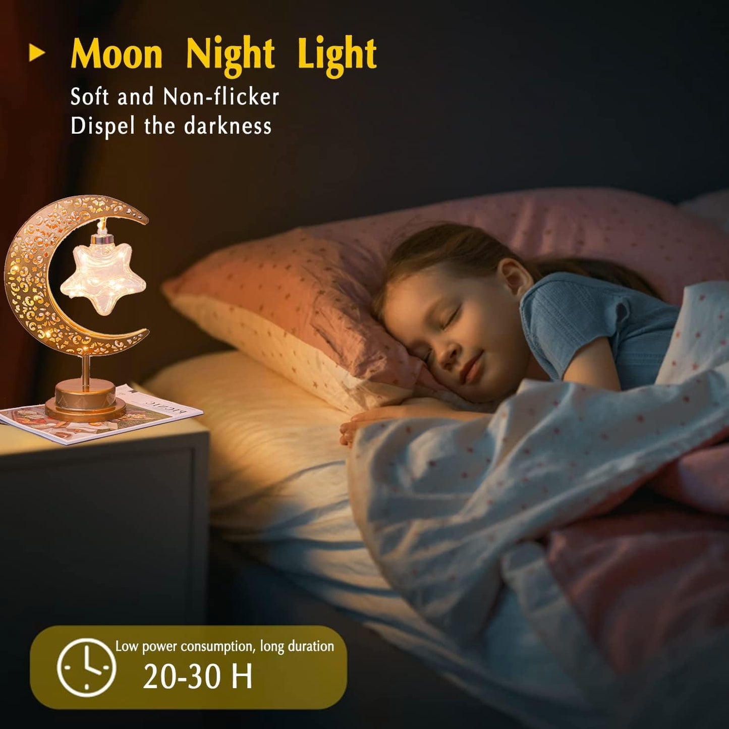 Ramadan Decorations Moon Table Lamp, Ramadan Decoration for Home Moon LED Desk Lamp, Ramadan Lights for Bedroom, Crescent Moon Night Lamp, Battery Operated Table Lamp for Home Decor (Star-B)