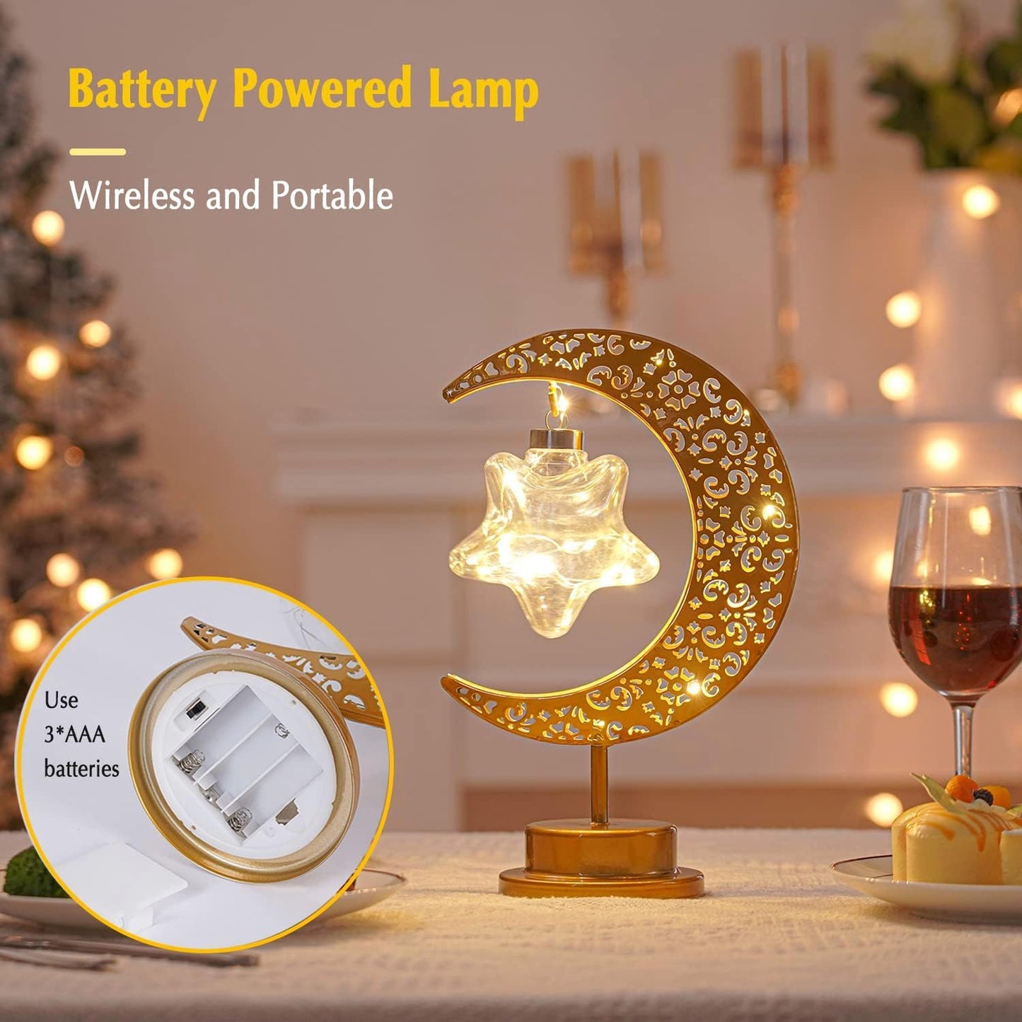 Ramadan Decorations Moon Table Lamp, Ramadan Decoration for Home Moon LED Desk Lamp, Ramadan Lights for Bedroom, Crescent Moon Night Lamp, Battery Operated Table Lamp for Home Decor (Star-B)