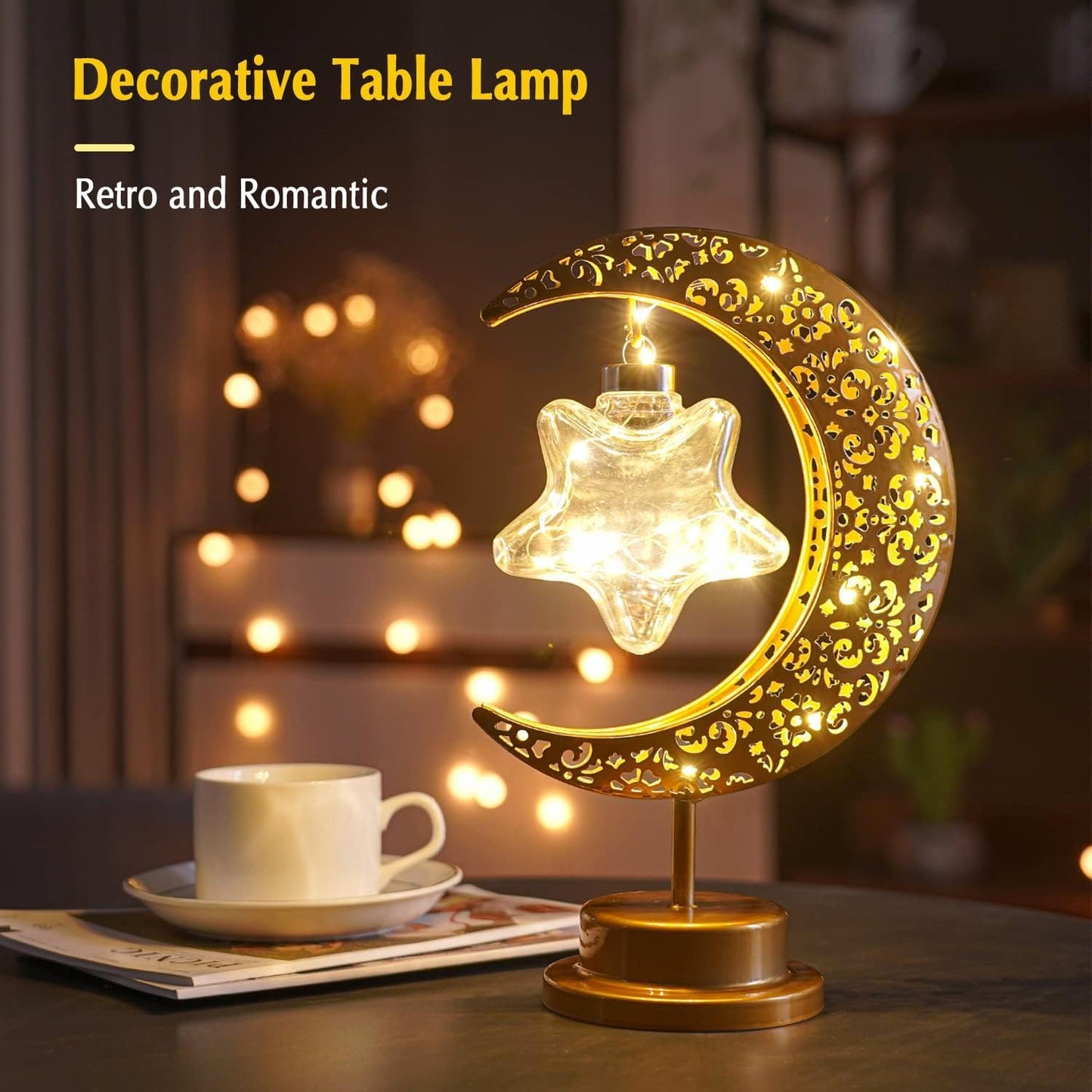 Ramadan Decorations Moon Table Lamp, Ramadan Decoration for Home Moon LED Desk Lamp, Ramadan Lights for Bedroom, Crescent Moon Night Lamp, Battery Operated Table Lamp for Home Decor (Star-B)
