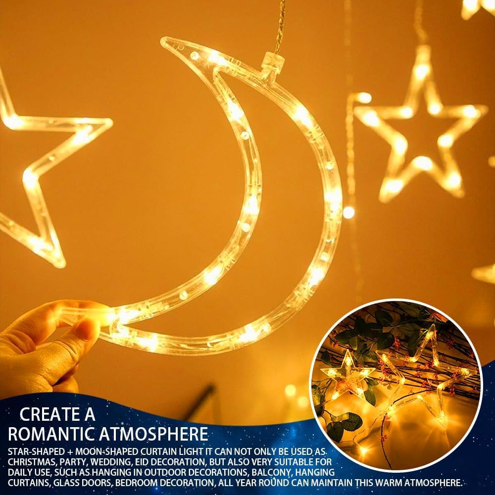 Tiokkss Ramadan Decorations 3.5M Curtain Lights, Stars and Moon Window Ramadan Lights 8 Modes USB and Battery Powered, 138 LED Indoor Outdoor Night Light for Ramadan Home Decoration Party (Warm White)