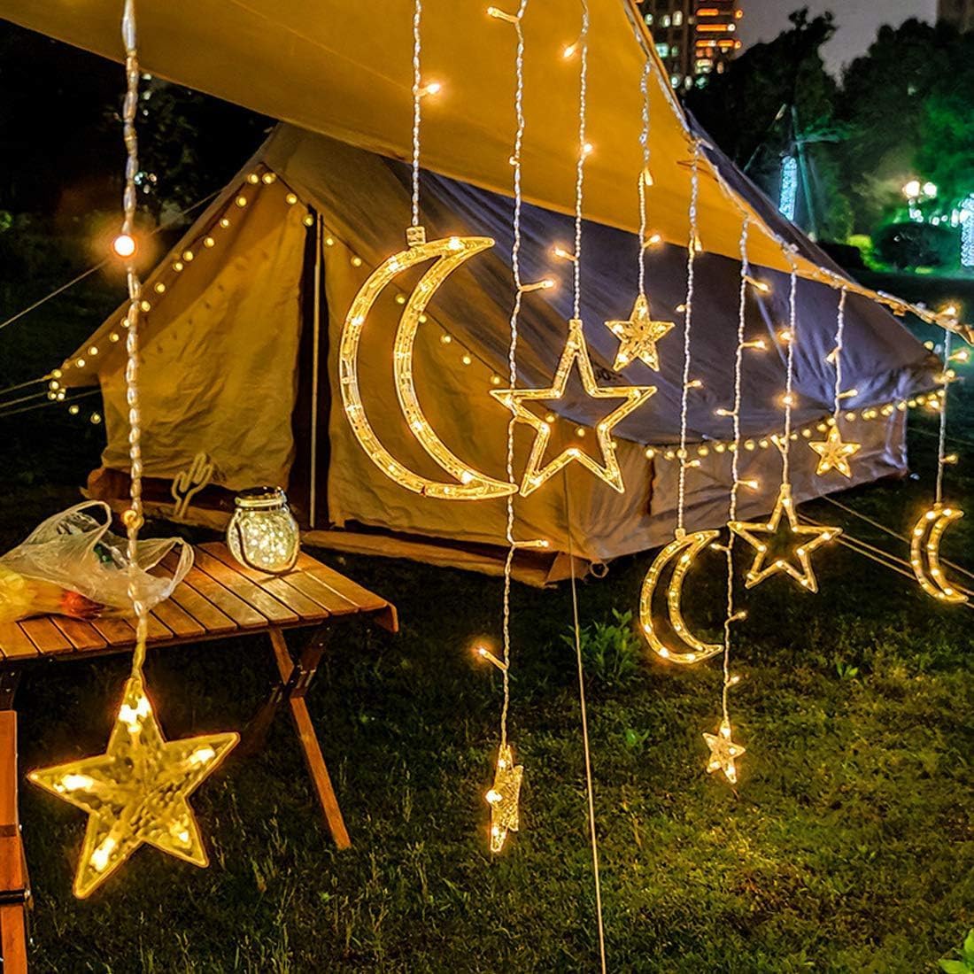 Tiokkss Ramadan Decorations 3.5M Curtain Lights, Stars and Moon Window Ramadan Lights 8 Modes USB and Battery Powered, 138 LED Indoor Outdoor Night Light for Ramadan Home Decoration Party (Warm White)