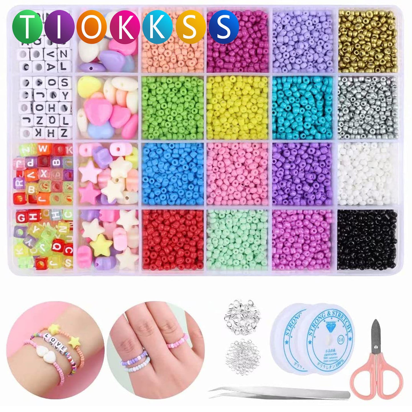 Tiokkss 8280pcs Bracelet Beads for Jewelry Making Kit, 16 Colors Bead Friendship Bracelets Kit with Alphabet Letter Beads Charm Beads and Elastic String for Bracelet and Jewelry Making