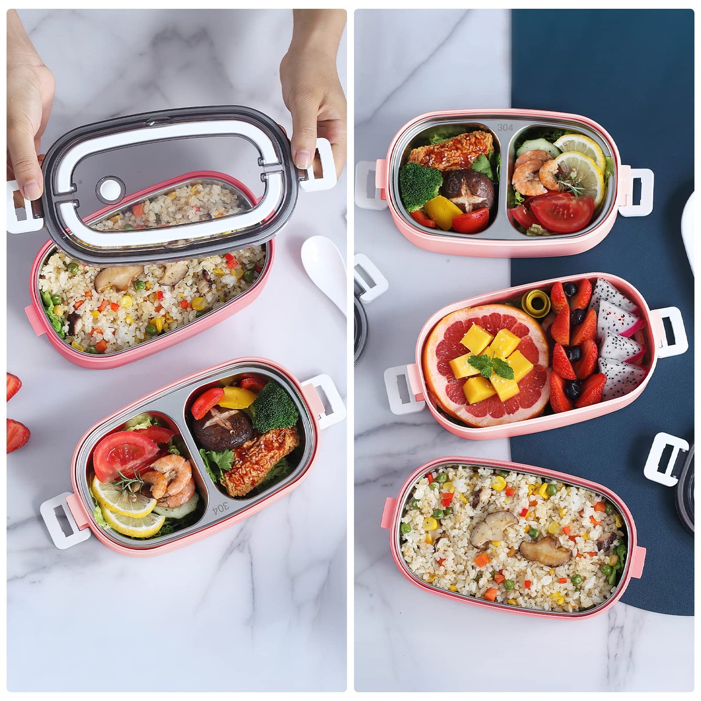 Tiokkss Lunch Box for Kids and Adults with Lunch Bag, 2 Tier Stainless Steel Bento Lunch Box with 3 Compartments and Cutlery (Spoon & Fork), Leakproof | BFA Free | Dishwasher Safe (Pink)