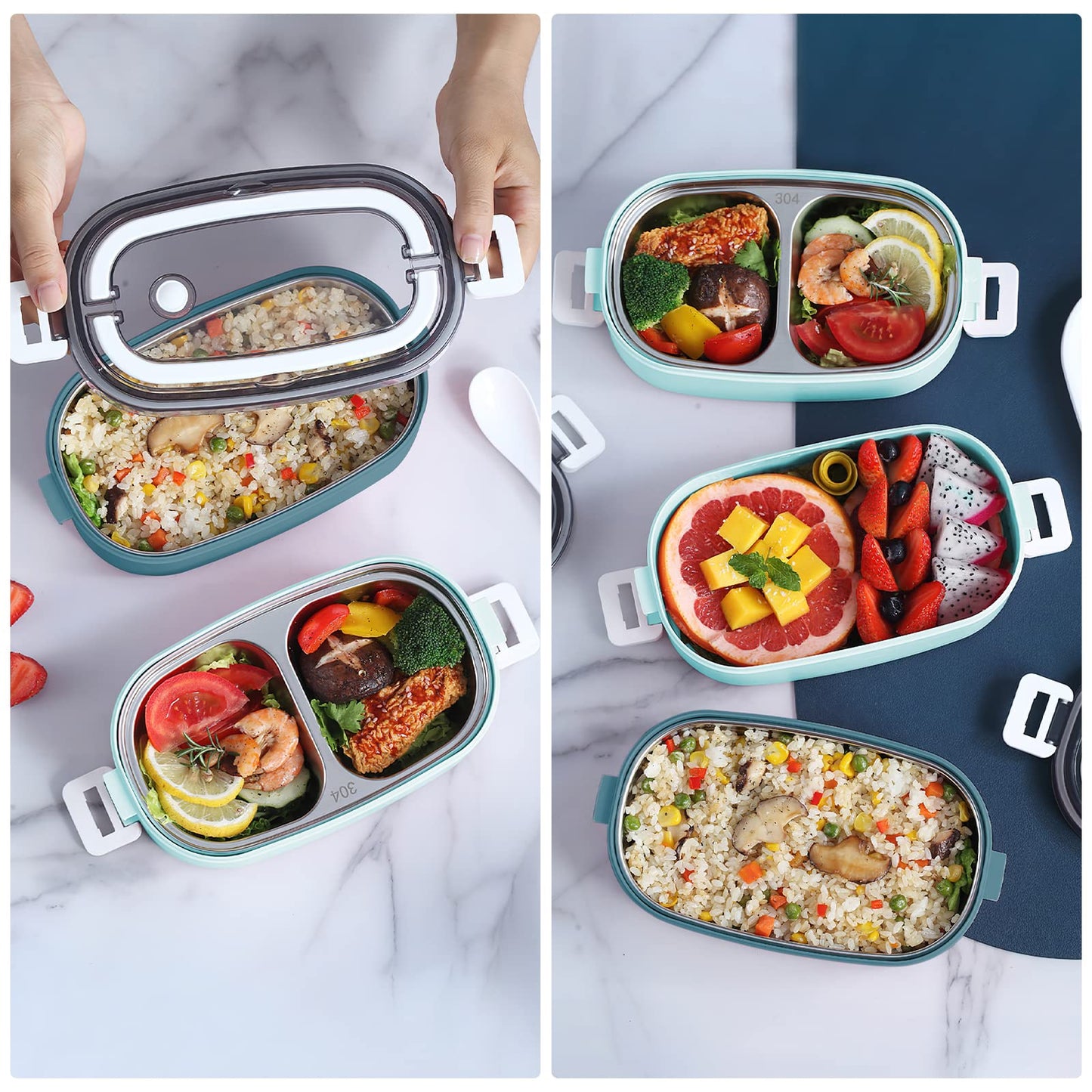 Tiokkss Lunch Box for Kids and Adults with Lunch Bag, 2 Tier Stainless Steel Bento Lunch Box with 3 Compartments and Cutlery (Spoon & Fork), Leakproof | BFA Free | Dishwasher Safe (Blue)