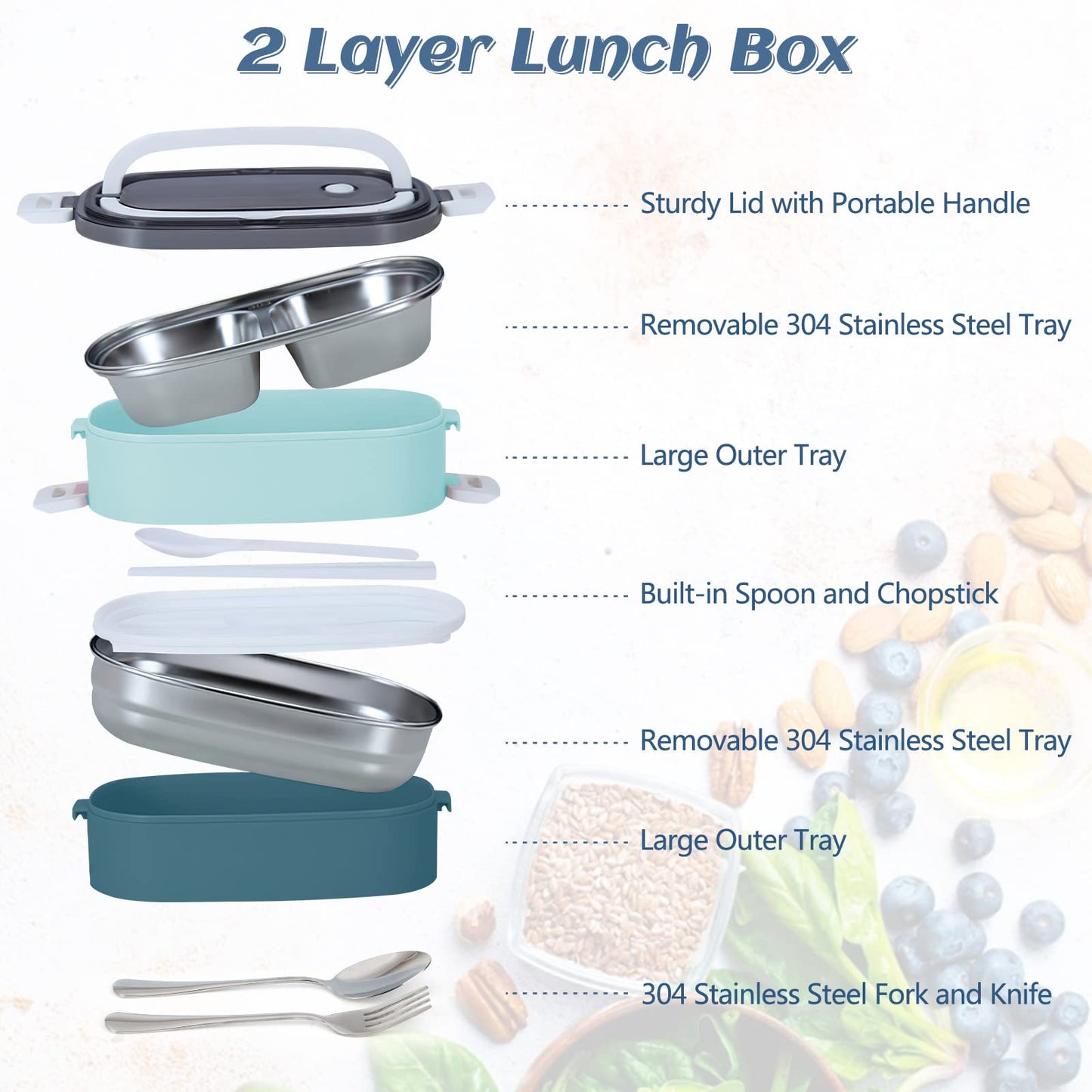 Tiokkss Lunch Box for Kids and Adults with Lunch Bag, 2 Tier Stainless Steel Bento Lunch Box with 3 Compartments and Cutlery (Spoon & Fork), Leakproof | BFA Free | Dishwasher Safe (Blue)