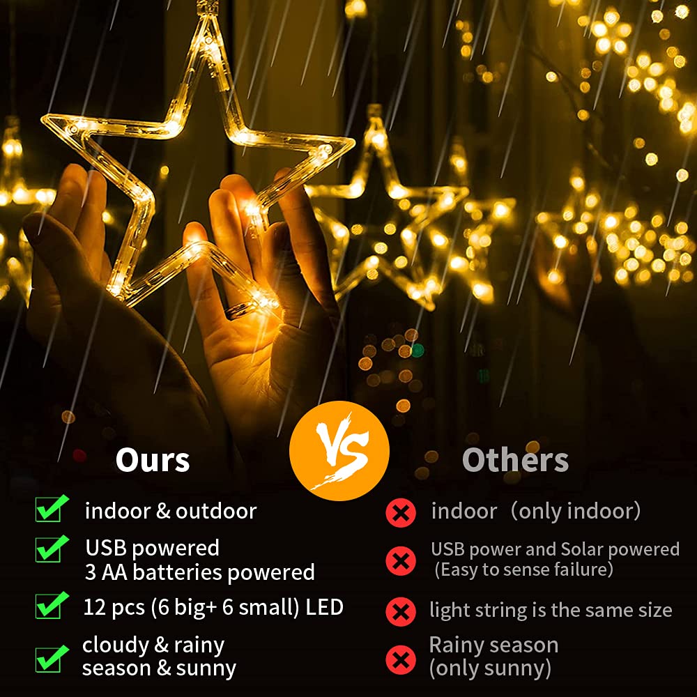 12 Stars 138 LED Star Lights, Curtain String Lights for Bedroom with 8 Lighting Modes,Waterproof Window Lights Diwali Ramadan Decorations, Wedding, Garden Christmas Decorations Lights - Warm White