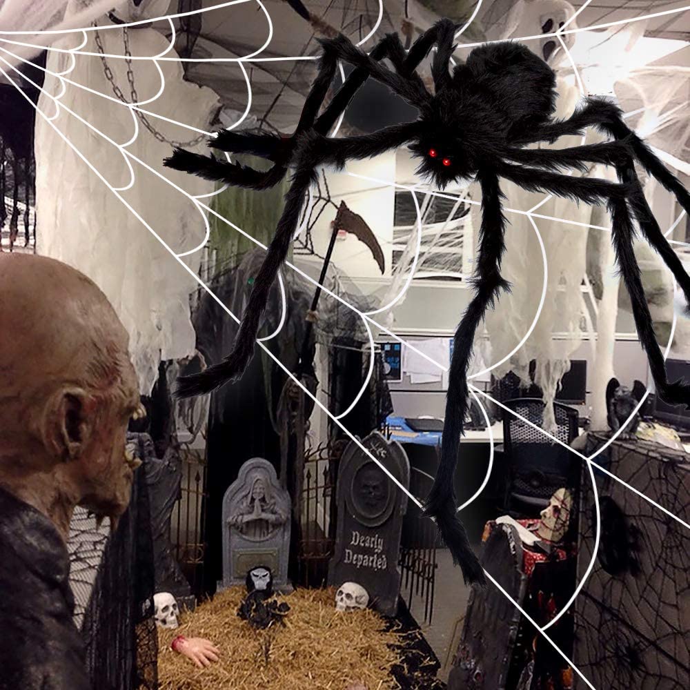 Tiokkss Halloween Decorations Outdoor, 7M Large Halloween Spider Web Decor 150cm Giant Spider 20pcs Little Spider, Fake Scary Hairy Spider Props for Outside Halloween Yard Party Haunted House Decor