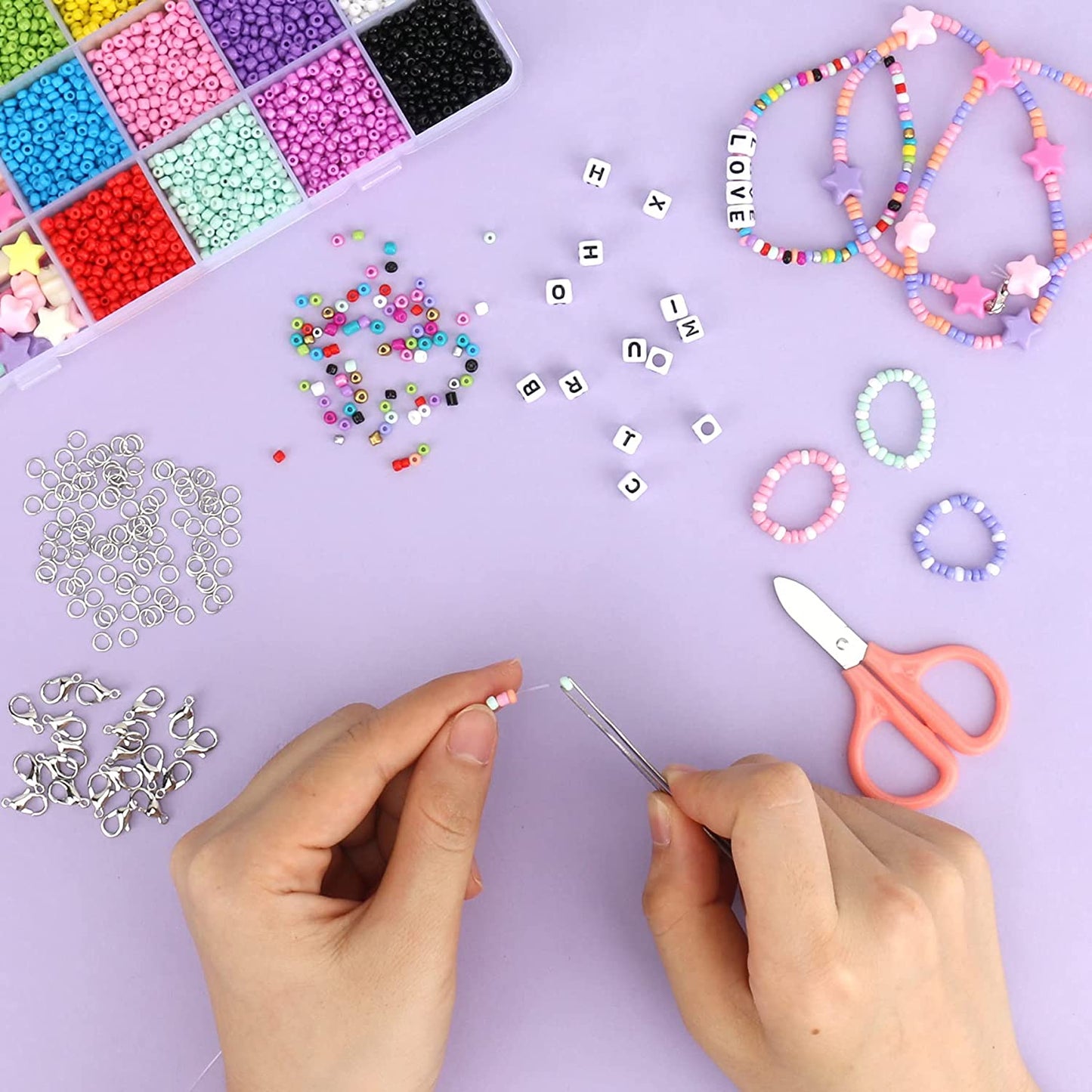Tiokkss 8280pcs Bracelet Beads for Jewelry Making Kit, 16 Colors Bead Friendship Bracelets Kit with Alphabet Letter Beads Charm Beads and Elastic String for Bracelet and Jewelry Making