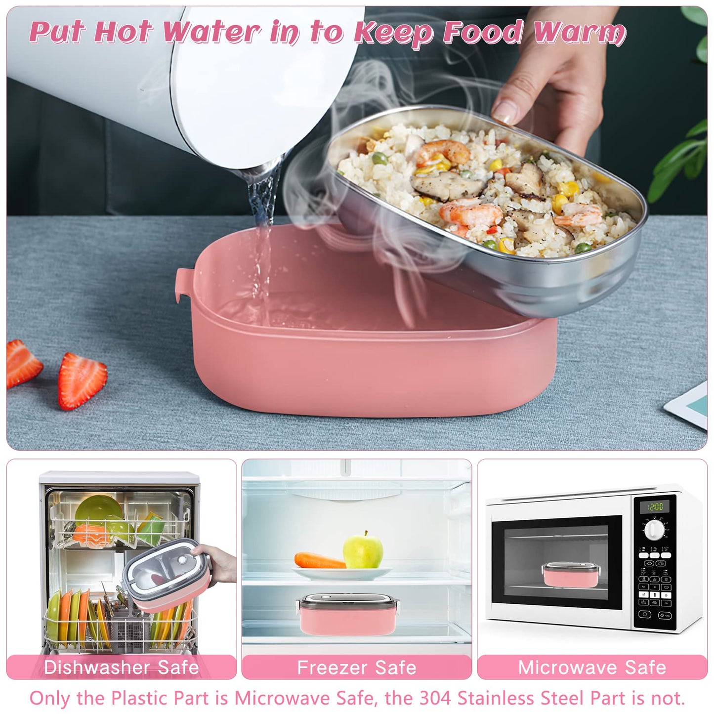Tiokkss Lunch Box for Kids and Adults with Lunch Bag, 2 Tier Stainless Steel Bento Lunch Box with 3 Compartments and Cutlery (Spoon & Fork), Leakproof | BFA Free | Dishwasher Safe (Pink)