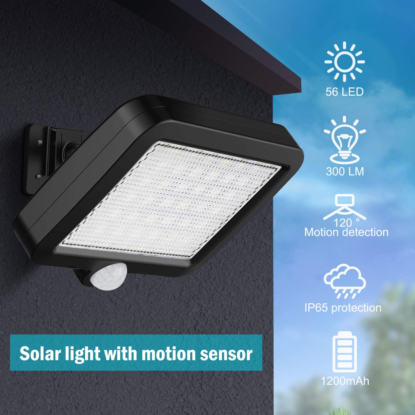 Tiokkss Solar Light Outdoor, 56 LED Solar Light Outside with Motion Detector, IP65 Waterproof, 120° Lighting Angle, Solar Wall Light for Garden with 16.5ft Cable(1 Pack)