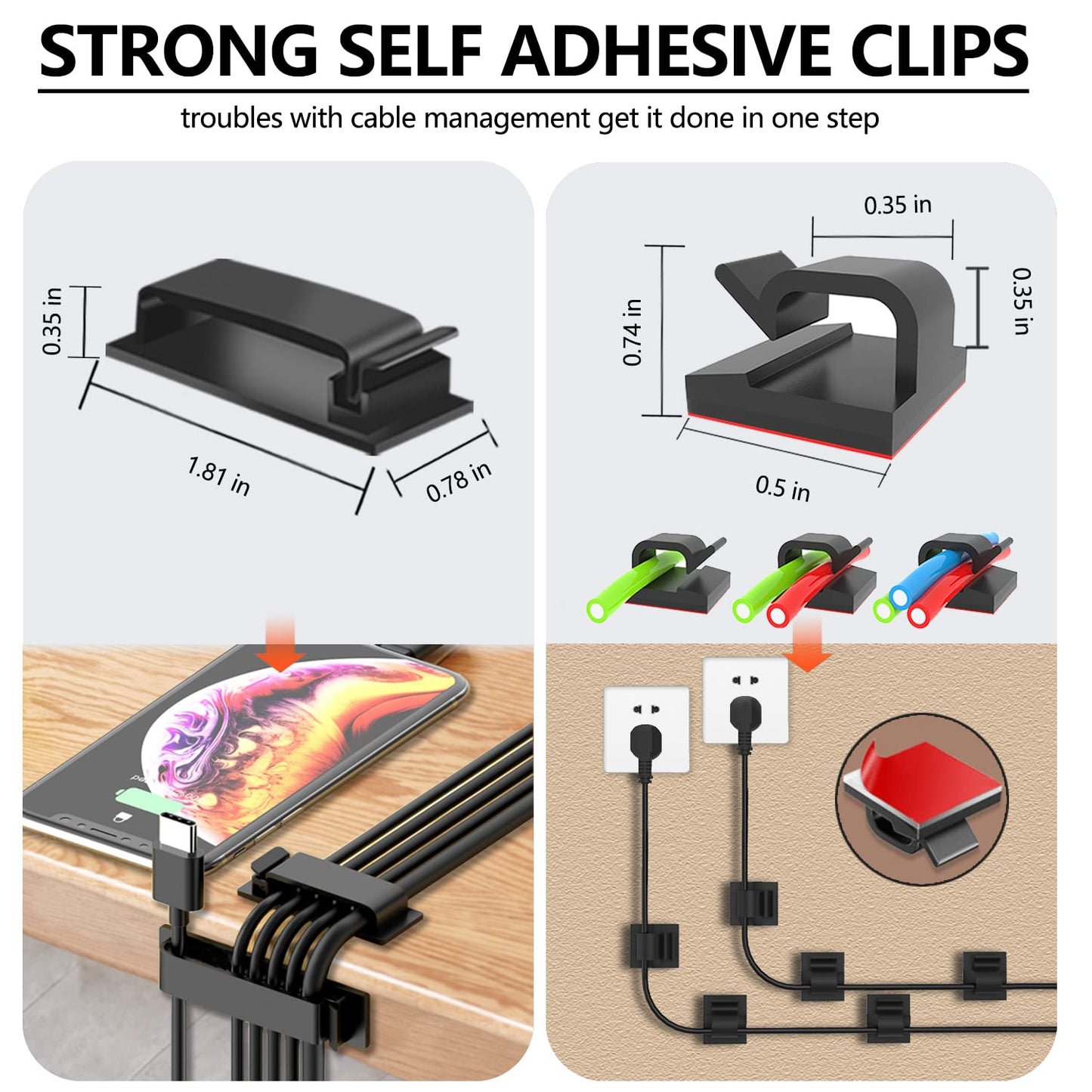 265 Pcs Cable Management Organizer Kit, 4 Cable Management Sleeves, 39 Adhesive Cable Clips, 200 Cable Zip Ties, 20 pcs and 2 Roll Self Velcro Cable Ties, for TV Home Office Cord Holder for Desk etc