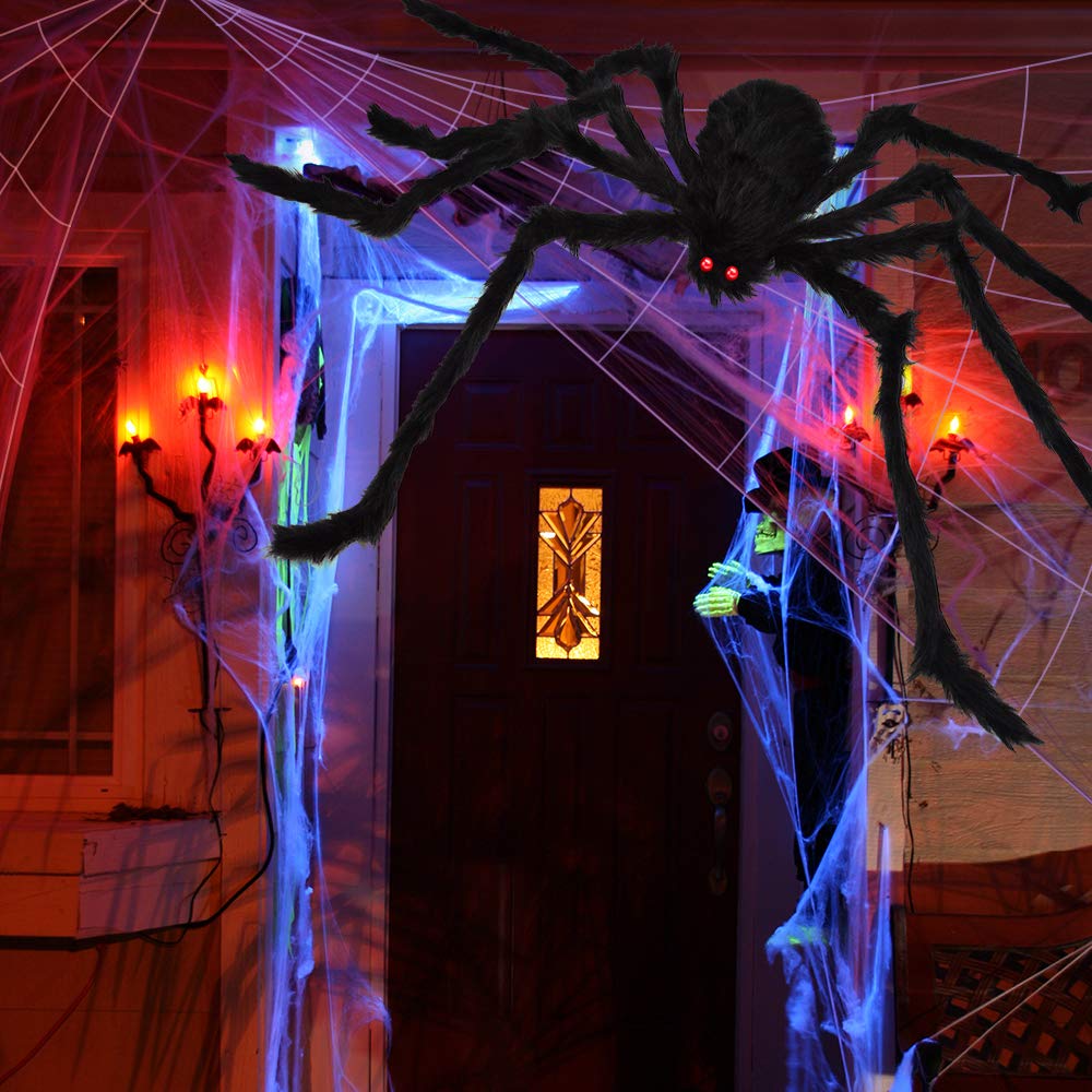 Tiokkss Halloween Decorations Outdoor, 7M Large Halloween Spider Web Decor 150cm Giant Spider 20pcs Little Spider, Fake Scary Hairy Spider Props for Outside Halloween Yard Party Haunted House Decor