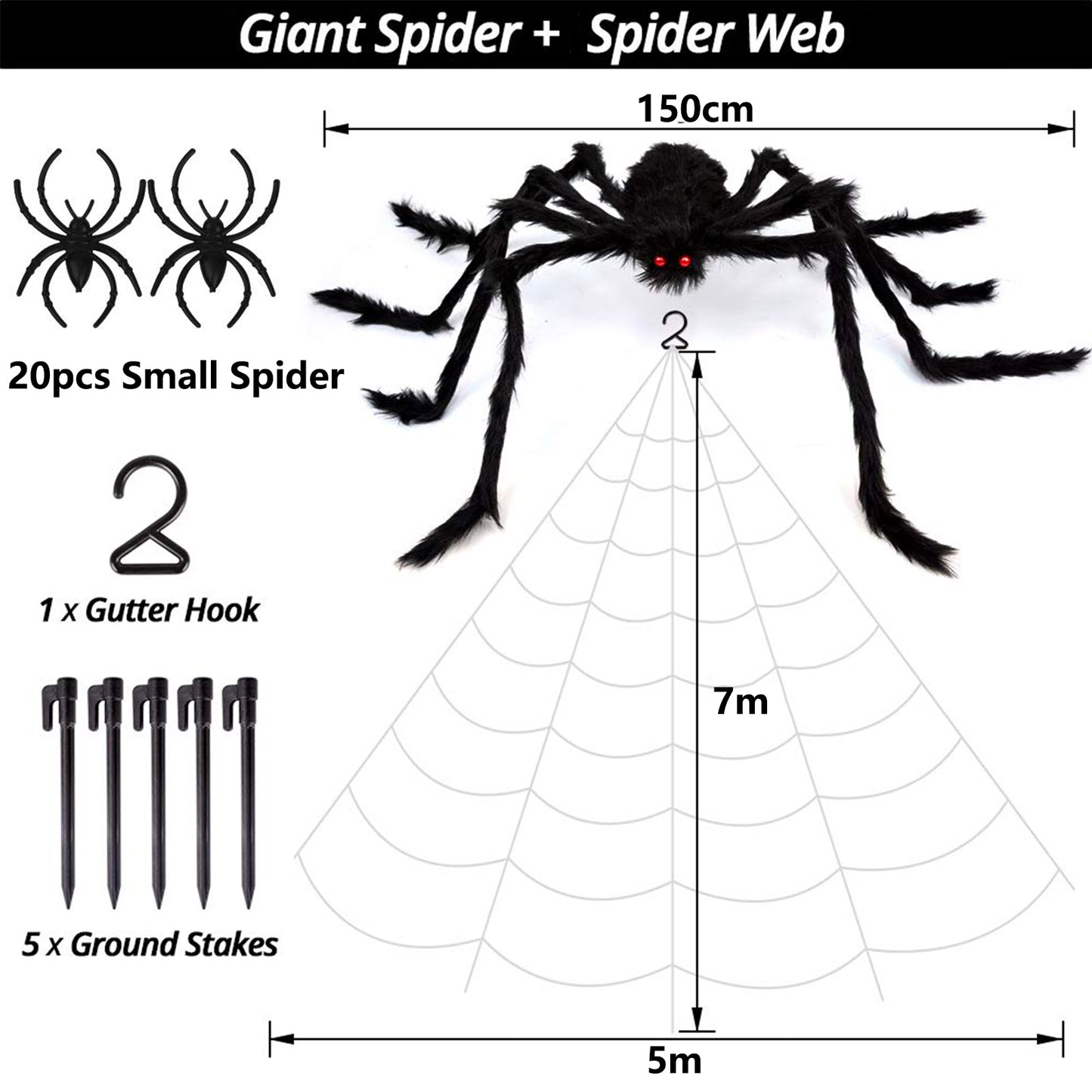 Tiokkss Halloween Decorations Outdoor, 7M Large Halloween Spider Web Decor 150cm Giant Spider 20pcs Little Spider, Fake Scary Hairy Spider Props for Outside Halloween Yard Party Haunted House Decor