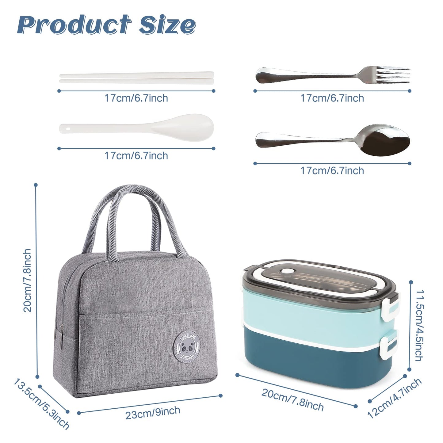 Tiokkss Lunch Box for Kids and Adults with Lunch Bag, 2 Tier Stainless Steel Bento Lunch Box with 3 Compartments and Cutlery (Spoon & Fork), Leakproof | BFA Free | Dishwasher Safe (Blue)