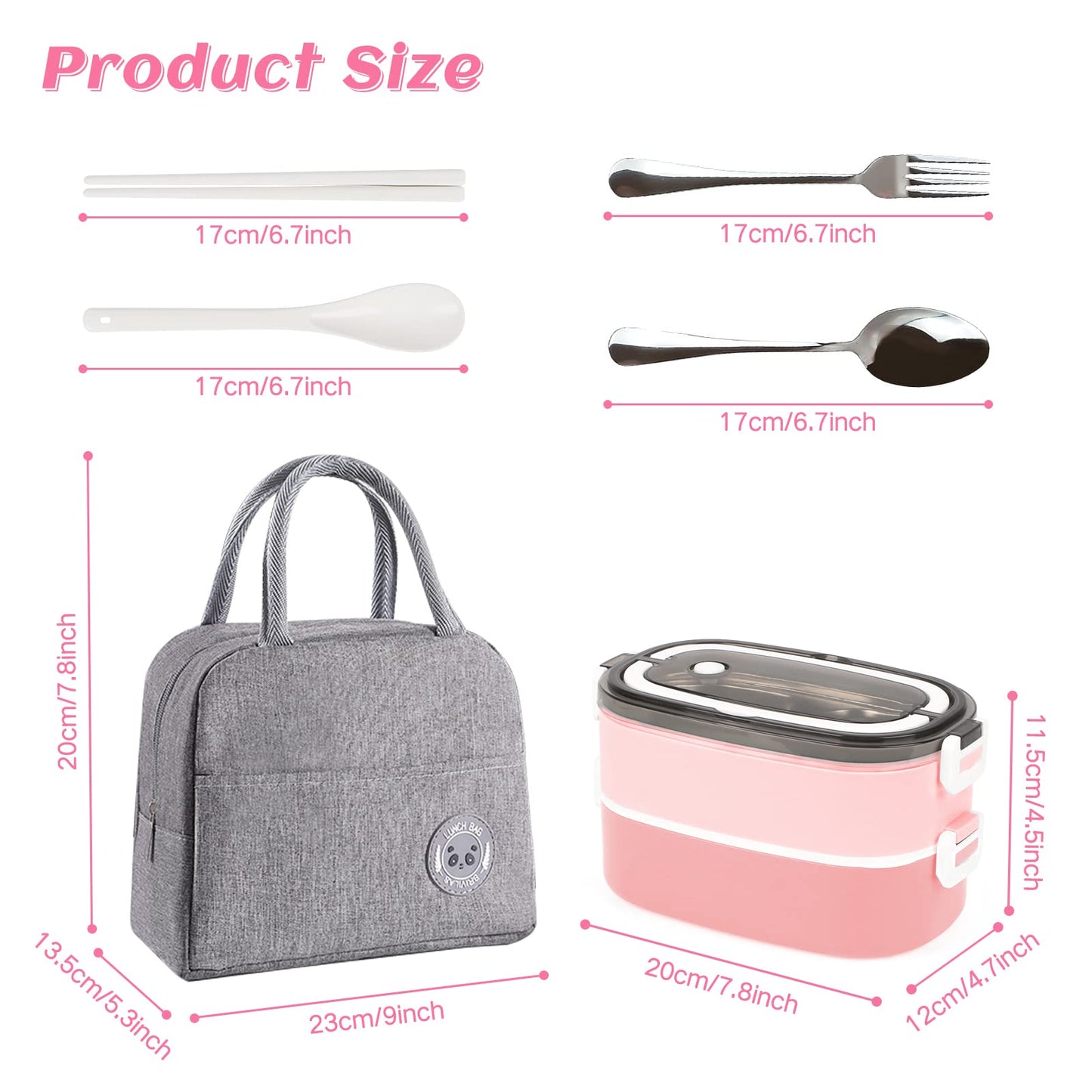 Tiokkss Lunch Box for Kids and Adults with Lunch Bag, 2 Tier Stainless Steel Bento Lunch Box with 3 Compartments and Cutlery (Spoon & Fork), Leakproof | BFA Free | Dishwasher Safe (Pink)