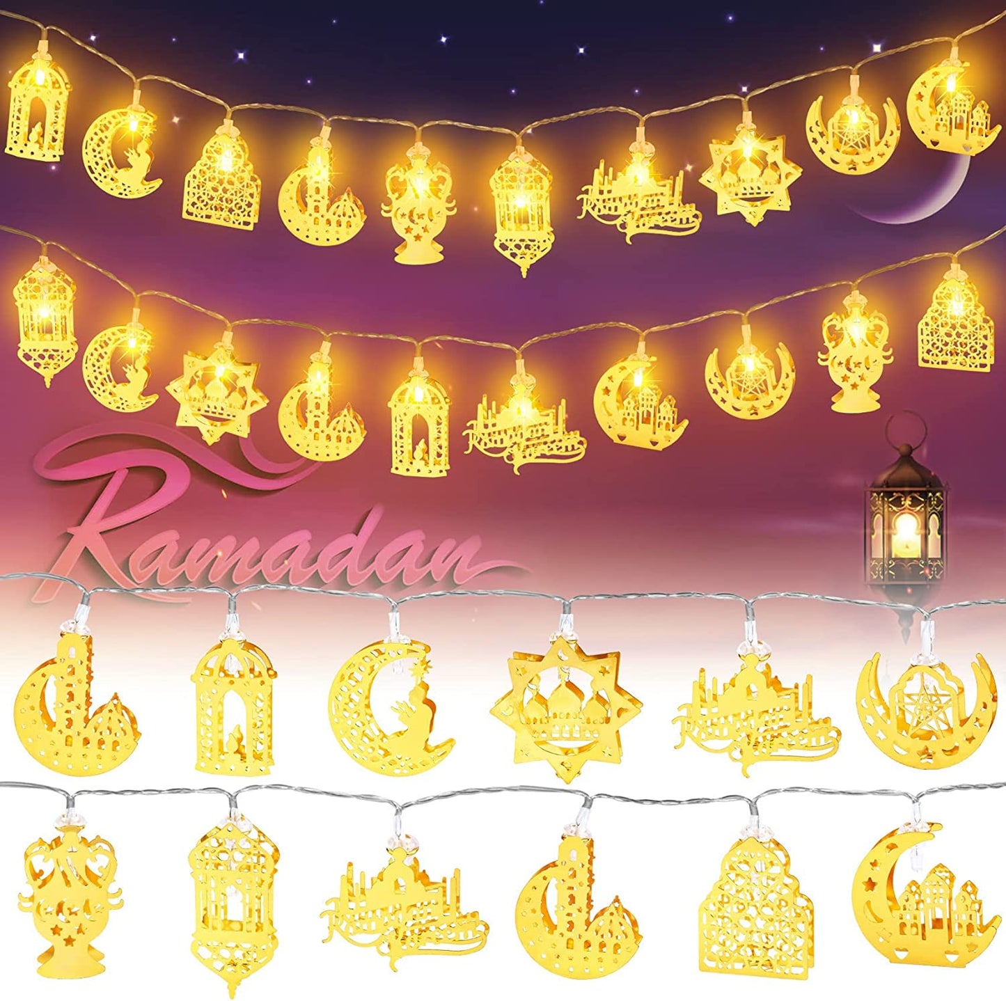 Mtanvxay Ramadan Decorations for Home 3M 20 LED Ramadan Lights, Ramadan Lanterns Lights Battery Box Powered 2 Modes, Golden LED Ramadan Home Decoration Lights Party Accessories