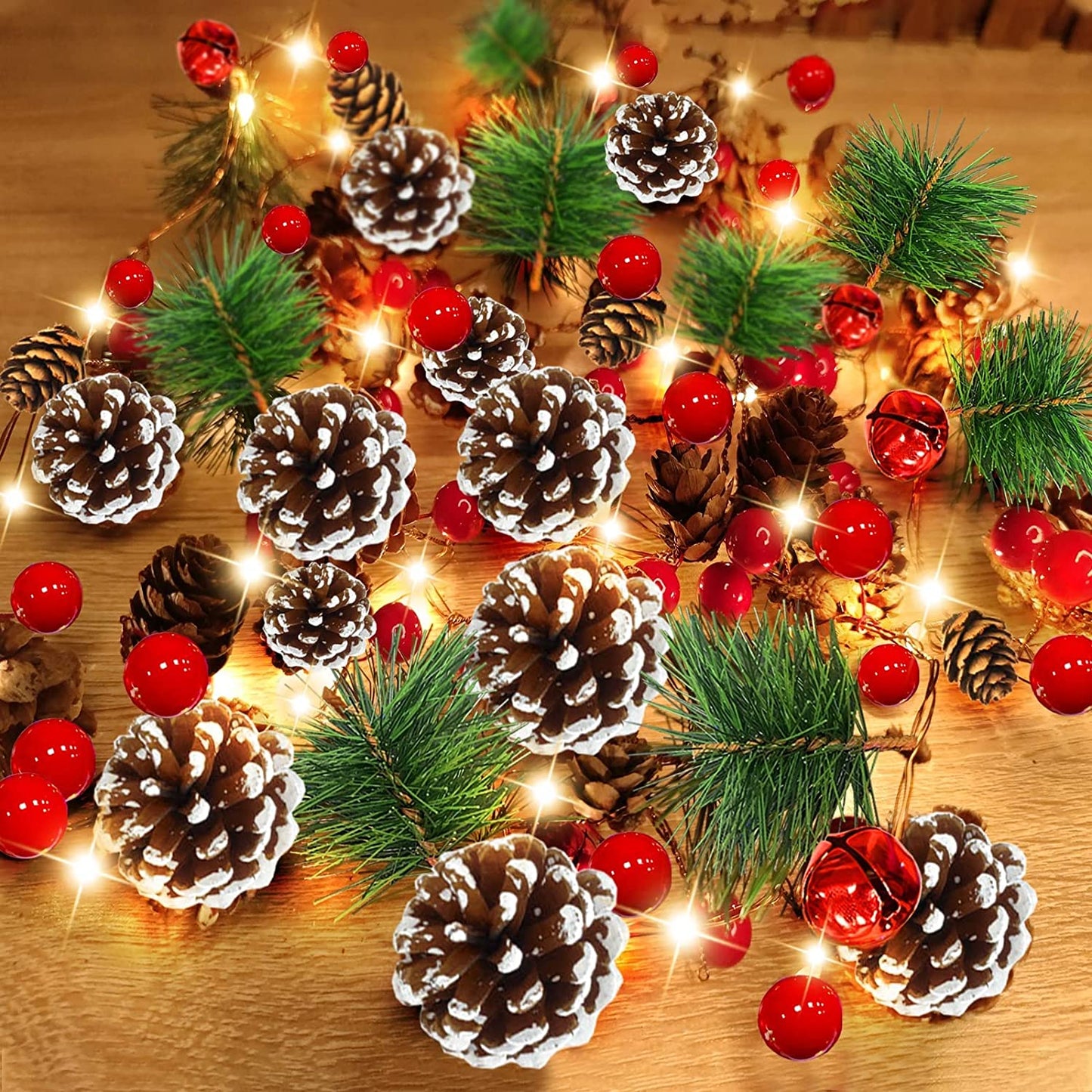Tiokkss Christmas Decoration Garland Lights, 75 Pcs Pine Cones Jingle Bells Berries Copper Fairy Christmas Lights Battery Operated, 7FT 20LED Christmas Garland Decoration (Warm White)
