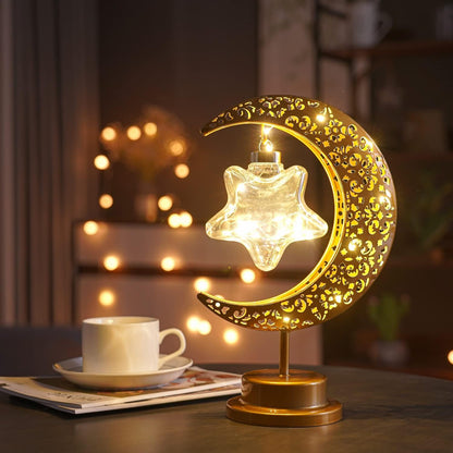 Ramadan Decorations Moon Table Lamp, Ramadan Decoration for Home Moon LED Desk Lamp, Ramadan Lights for Bedroom, Crescent Moon Night Lamp, Battery Operated Table Lamp for Home Decor (Star-B)