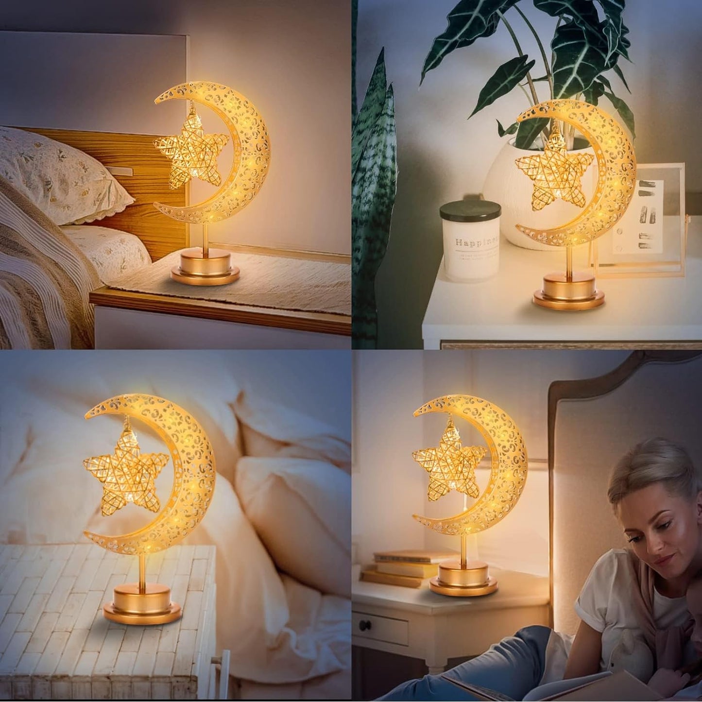 Ramadan Decorations Moon Table Lamp, Ramadan Decoration for Home Moon LED Desk Lamp, Ramadan Lights for Bedroom, Crescent Moon Night Lamp, Battery Operated Table Lamp for Home Decor (Star-A)