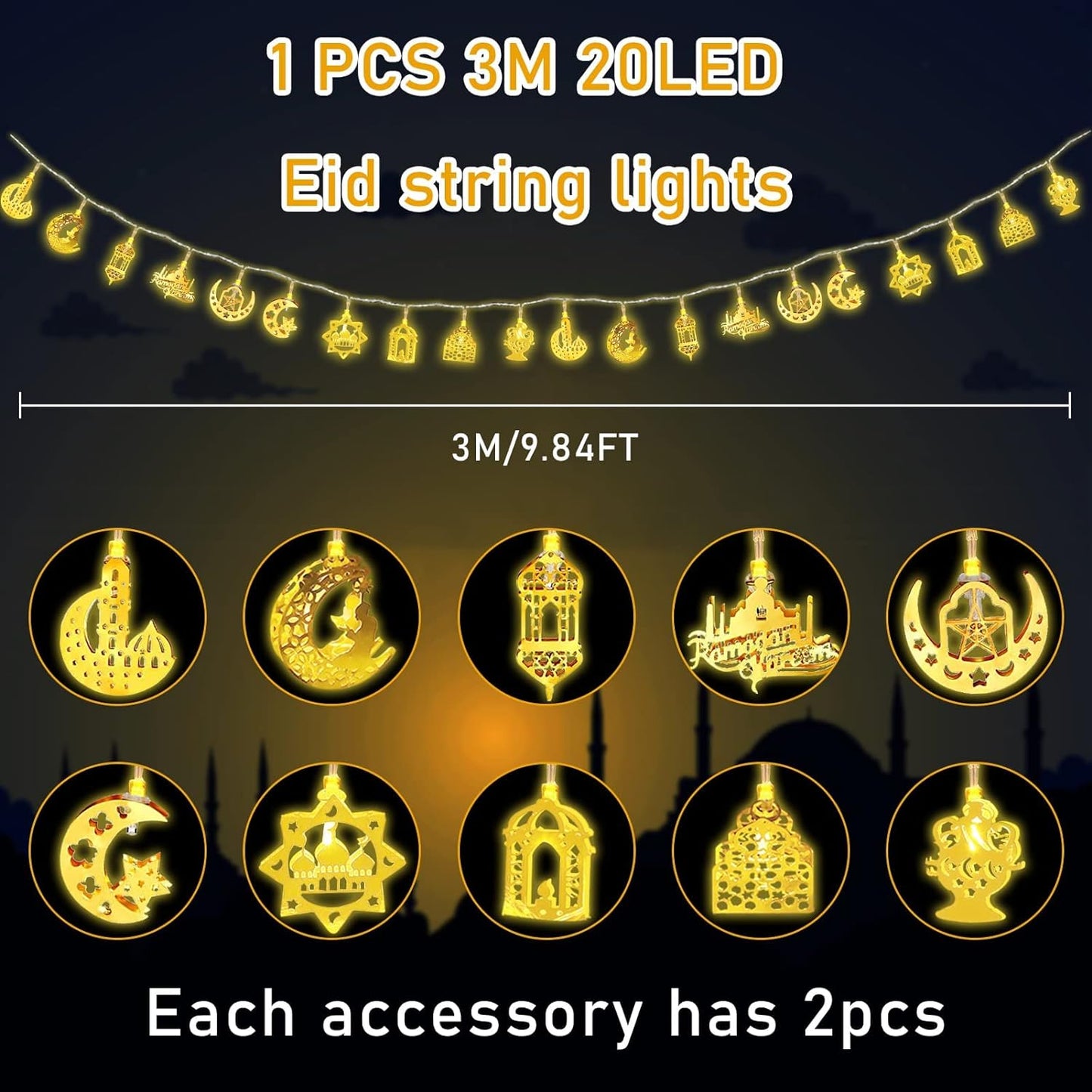 Ramadan Decorations for Home 3M 20 LED Ramadan Lights, Ramadan Lanterns Lights Battery Box Powered 2 Modes, Golden LED Ramadan Home Decoration Lights Party Accessories
