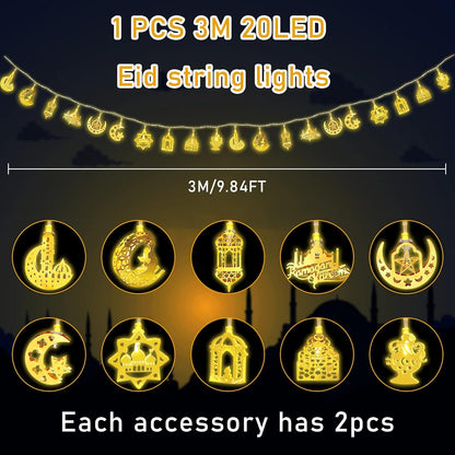 Ramadan Decorations for Home 3M 20 LED Ramadan Lights, Ramadan Lanterns Lights Battery Box Powered 2 Modes, Golden LED Ramadan Home Decoration Lights Party Accessories