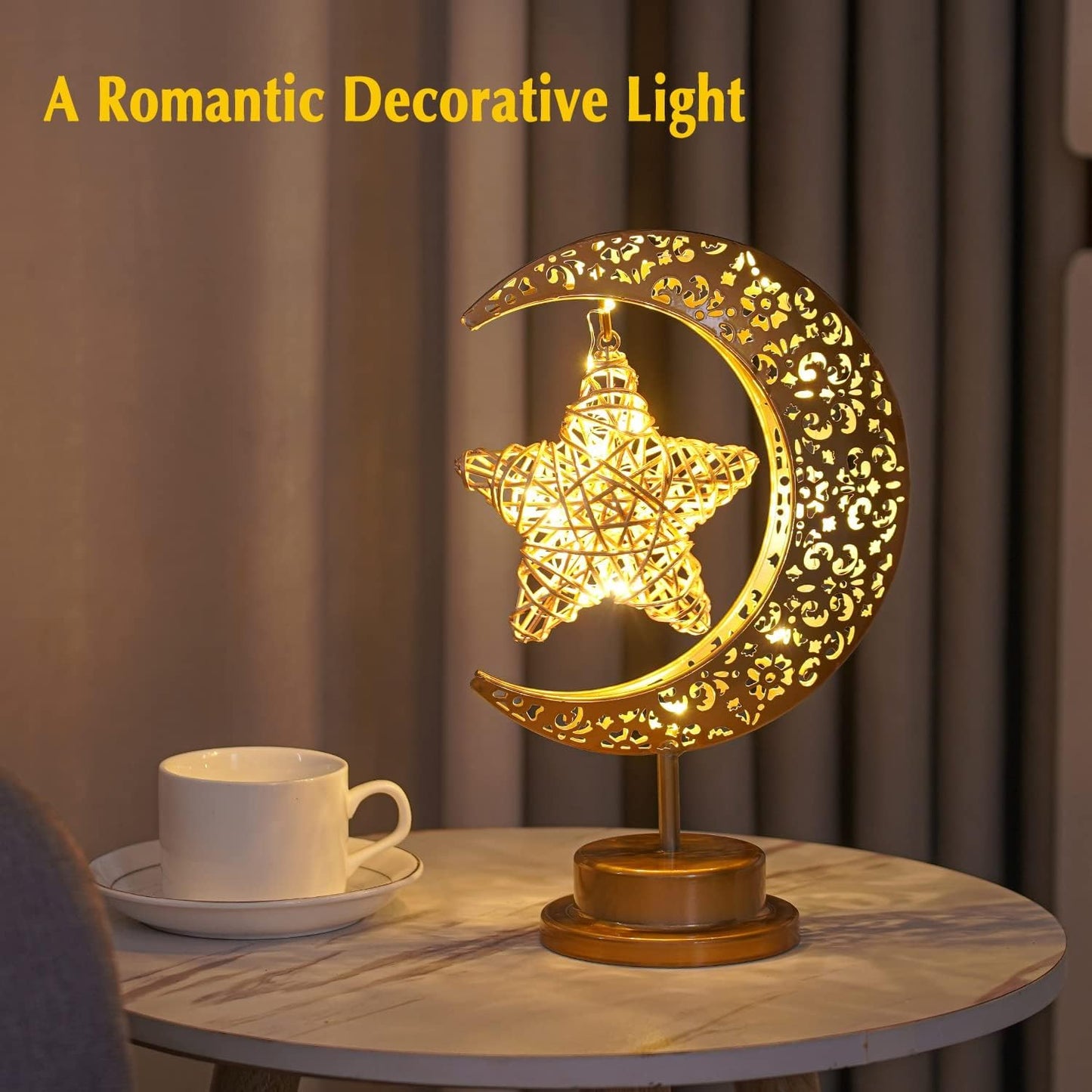 Ramadan Decorations Moon Table Lamp, Ramadan Decoration for Home Moon LED Desk Lamp, Ramadan Lights for Bedroom, Crescent Moon Night Lamp, Battery Operated Table Lamp for Home Decor (Star-A)