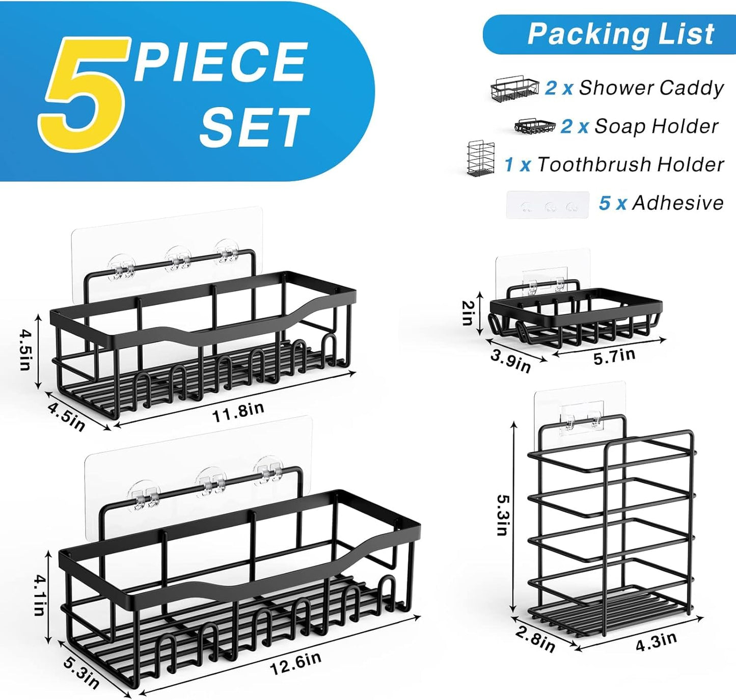 Tiokkss Shower Caddy 5 Pack, Adhesive Bathroom Organizer for Bathroom Storage&Kitchen, No Drilling, Large Capacity, Rustproof Stainless Steel Bathroom Organizer Shelves for Inside Shower Rack