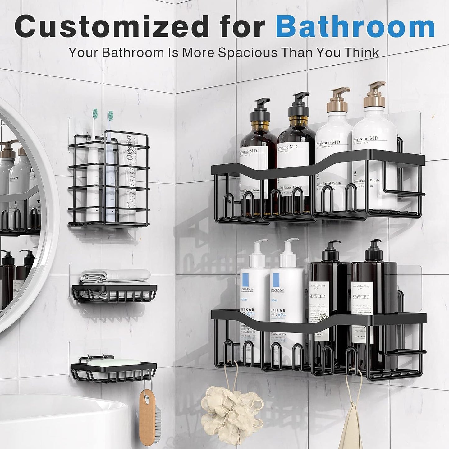 Tiokkss Shower Caddy 5 Pack, Adhesive Bathroom Organizer for Bathroom Storage&Kitchen, No Drilling, Large Capacity, Rustproof Stainless Steel Bathroom Organizer Shelves for Inside Shower Rack