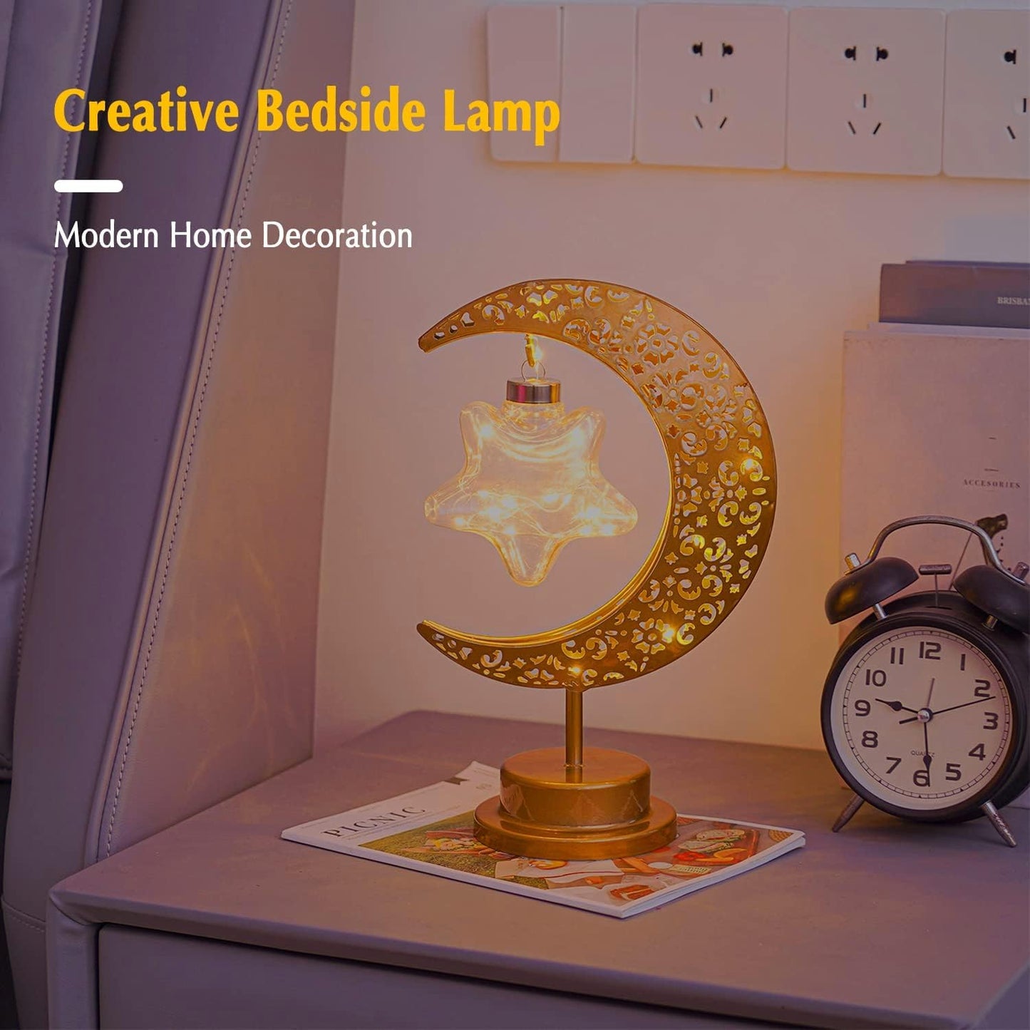 Ramadan Decorations Moon Table Lamp, Ramadan Decoration for Home Moon LED Desk Lamp, Ramadan Lights for Bedroom, Crescent Moon Night Lamp, Battery Operated Table Lamp for Home Decor (Star-B)