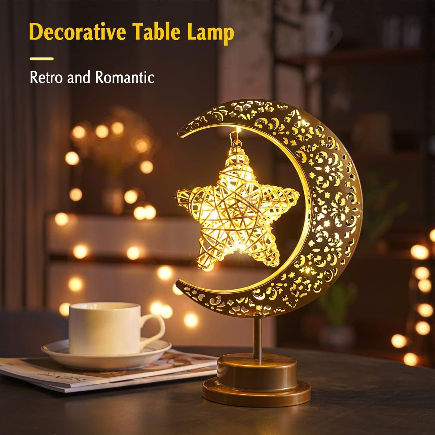 Ramadan Decorations Moon Table Lamp, Ramadan Decoration for Home Moon LED Desk Lamp, Ramadan Lights for Bedroom, Crescent Moon Night Lamp, Battery Operated Table Lamp for Home Decor (Star-A)