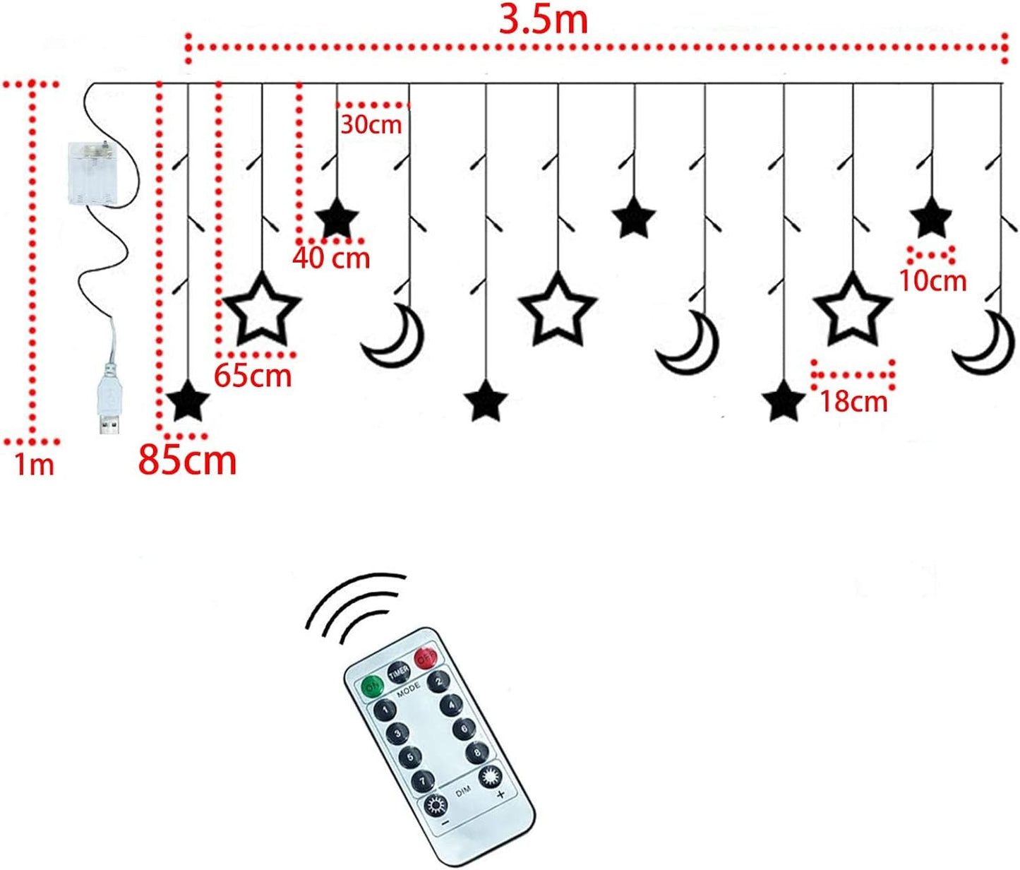 Mtanvxay Tiokkss 3.5M Decorative Starry String Curtain Ramadan Lights Moons and Stars LED Night Light for Ramadan Home Decoration Party, USB and Battery Box Powered (Warm White)