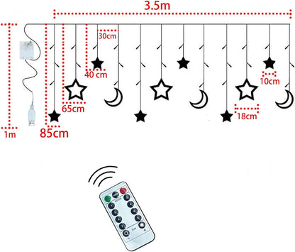 Mtanvxay Tiokkss 3.5M Decorative Starry String Curtain Ramadan Lights Moons and Stars LED Night Light for Ramadan Home Decoration Party, USB and Battery Box Powered (Warm White)