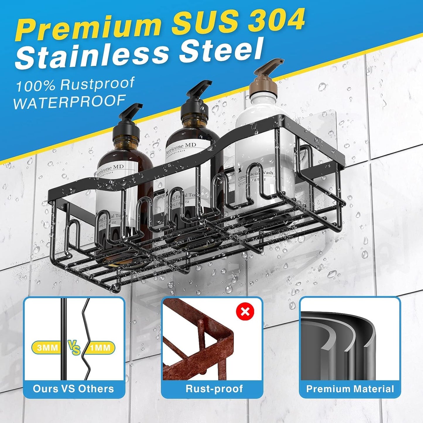 Tiokkss Shower Caddy 5 Pack, Adhesive Bathroom Organizer for Bathroom Storage&Kitchen, No Drilling, Large Capacity, Rustproof Stainless Steel Bathroom Organizer Shelves for Inside Shower Rack