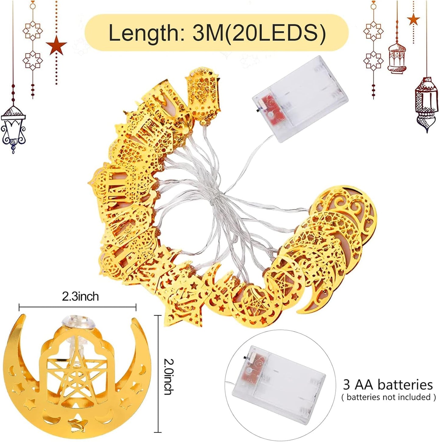 Ramadan Decorations for Home 3M 20 LED Ramadan Lights, Ramadan Lanterns Lights Battery Box Powered 2 Modes, Golden LED Ramadan Home Decoration Lights Party Accessories