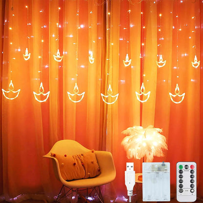 Mtanvxay Diwali Lights Decorations for Home, 12 Hanging Diyas with 8 Flashing Modes Battery Box Powered and USB, Diwali Lights and Diyas for Diwali Wedding Party Bedroom Home Decor Tiokkss Warm White