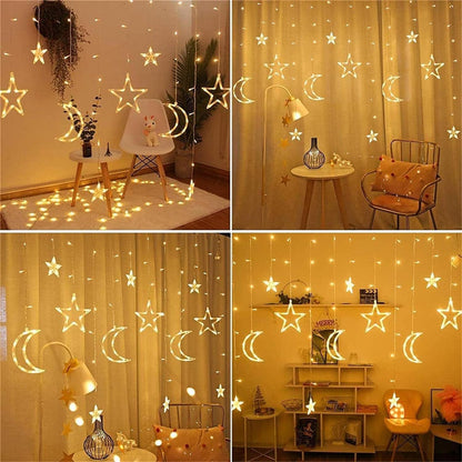 Mtanvxay Tiokkss 3.5M Decorative Starry String Curtain Ramadan Lights Moons and Stars LED Night Light for Ramadan Home Decoration Party, USB and Battery Box Powered (Warm White)