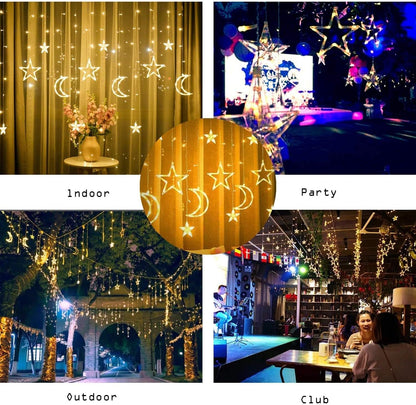 Mtanvxay Tiokkss 3.5M Decorative Starry String Curtain Ramadan Lights Moons and Stars LED Night Light for Ramadan Home Decoration Party, USB and Battery Box Powered (Warm White)