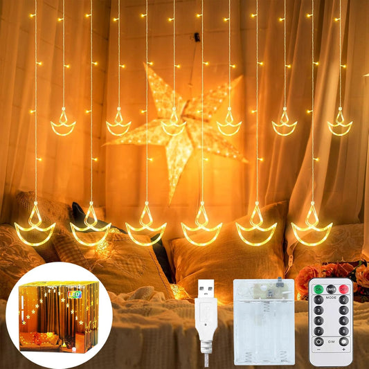 Mtanvxay Diwali Lights Decorations for Home, 12 Hanging Diyas with 8 Flashing Modes Battery Box Powered and USB, Diwali Lights and Diyas for Diwali Wedding Party Bedroom Home Decor Tiokkss Warm White