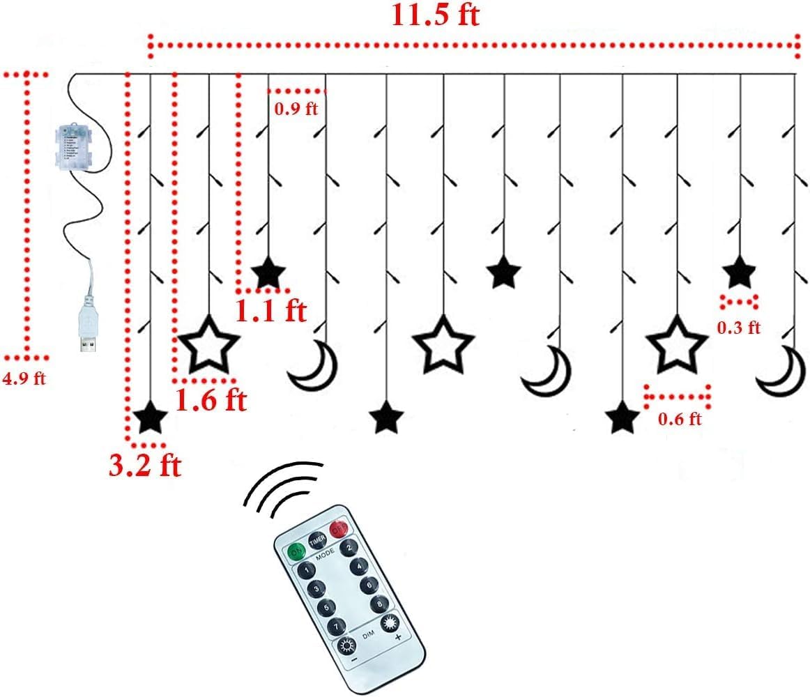 Tiokkss Ramadan Decorations 3.5M Curtain Lights, Stars and Moon Window Ramadan Lights 8 Modes USB and Battery Powered, 138 LED Indoor Outdoor Night Light for Ramadan Home Decoration Party (Warm White)
