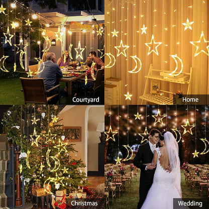 Tiokkss Ramadan Decorations 3.5M Curtain Lights, Stars and Moon Window Ramadan Lights 8 Modes USB and Battery Powered, 138 LED Indoor Outdoor Night Light for Ramadan Home Decoration Party (Warm White)