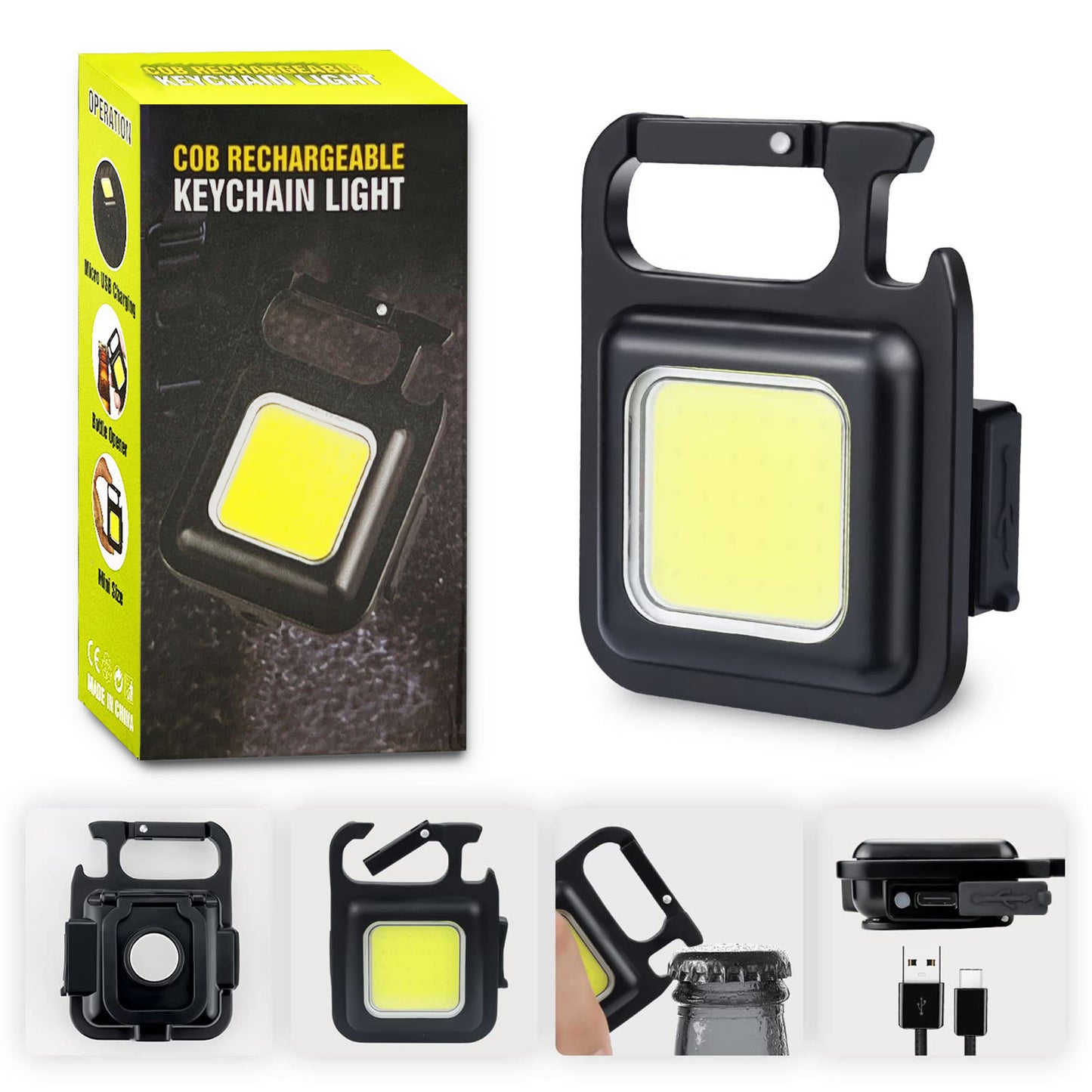 Tiokkss COB Small Flashlights Rechargeable 1000 Lumens Keychain Mini Flashlight 4 Light Modes Portable Pocket Light with Folding Bracket Bottle Opener and Magnet Base for Camping Fishing