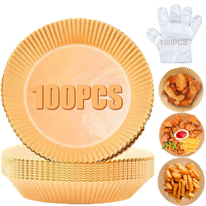 Air Fryer Disposable Paper Liner, 100Pcs Non-stick Disposable Air Fryer Liners with 100Pcs Disposable Gloves for Oil-proof Water-proof Air Fryer Accessories to Baking Roasting Microwave(16cm, Natural)