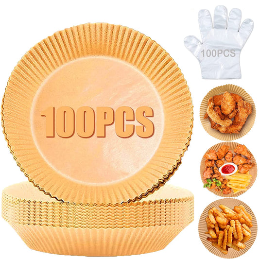 Air Fryer Disposable Paper Liner, 100Pcs Non-stick Disposable Air Fryer Liners with 100Pcs Disposable Gloves for Oil-proof Water-proof Air Fryer Accessories to Baking Roasting Microwave(16cm, Natural)