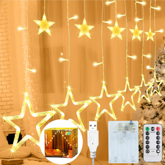 12 Stars 138 LED Star Lights, Curtain String Lights for Bedroom with 8 Lighting Modes,Waterproof Window Lights Diwali Ramadan Decorations, Wedding, Garden Christmas Decorations Lights - Warm White
