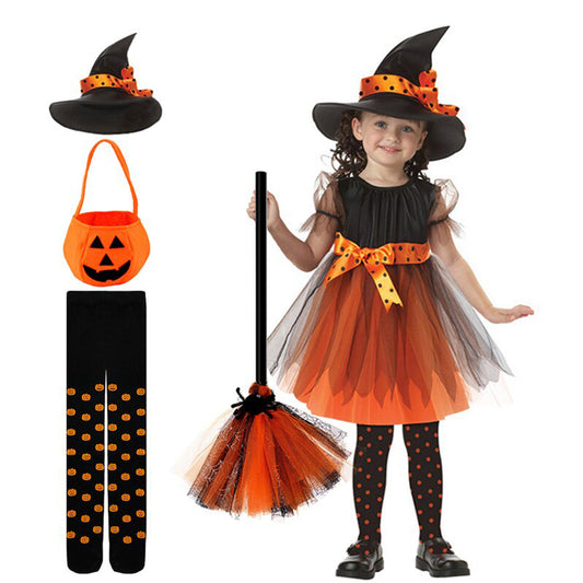 Halloween Costume for Kids Children Girls Halloween Cosplay Witch Costume Teens Baby Girl Gown Witch Dress Clothing Set Hat Pumpkin Bag Pantyhose
