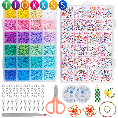 Tiokkss Beads for Jewelry Making, 12000 Pcs 3mm Glass Seed Beads with 1200 Pcs Alphabet Letter Beads for Jewelry Bracelets Making and Crafts with Accessories DIY Material