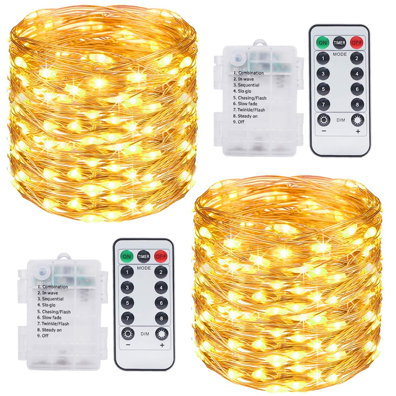 2 Pack 20M 200 LED Fairy Lights Battery Operated Ramadan Decoration Lights with Remote Waterproof 8 Modes Firefly Twinkle String Lights for Diwali Christmas Valentine's Day Gift Decoration Warm White
