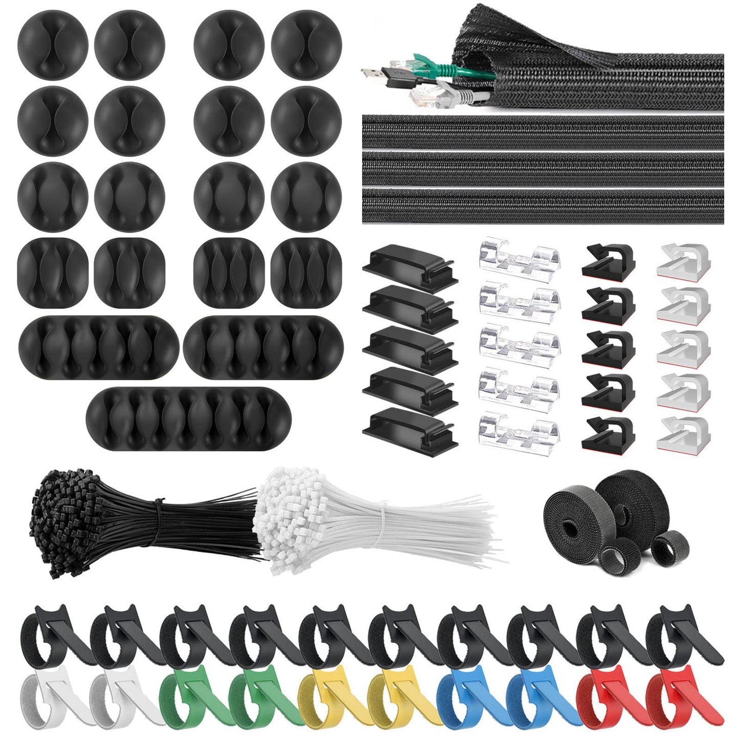 265 Pcs Cable Management Organizer Kit, 4 Cable Management Sleeves, 39 Adhesive Cable Clips, 200 Cable Zip Ties, 20 pcs and 2 Roll Self Velcro Cable Ties, for TV Home Office Cord Holder for Desk etc